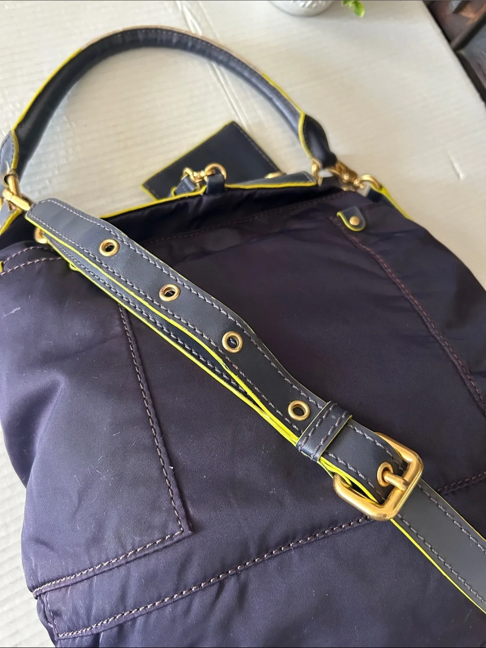 Marc Jacobs Nylon Navy Blue Shoulder Bag with Yellow Trim